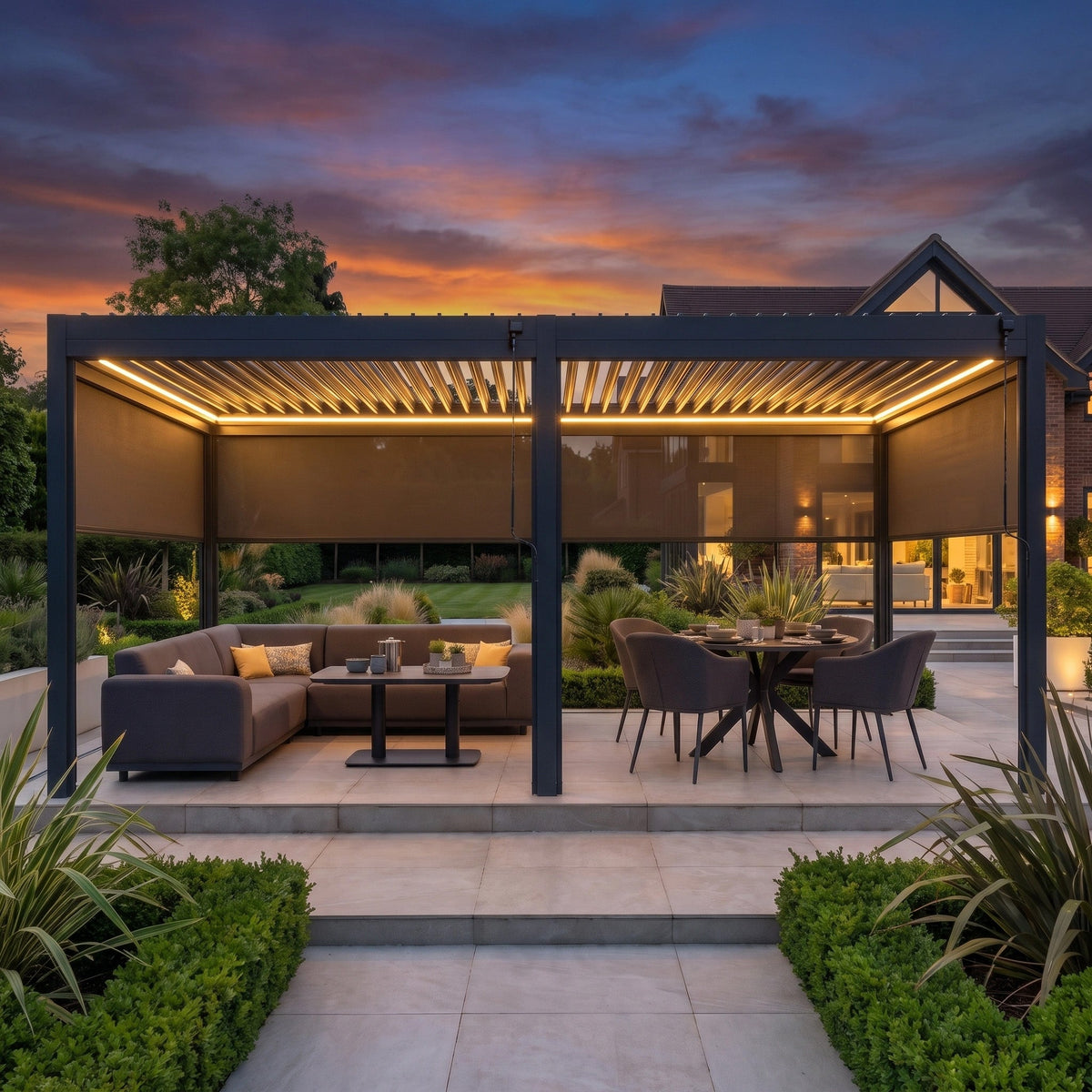 PergoSTET Pro 3m x 6m Rectangular Pergola with 4 Manual Side Blinds and LED Lighting in Grey