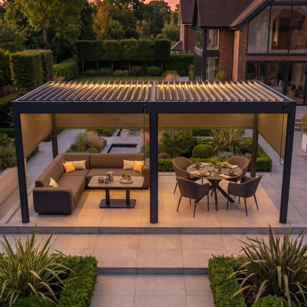 PergoSTET Pro 3m x 6m Rectangular Pergola with 4 Manual Side Blinds and LED Lighting in Grey