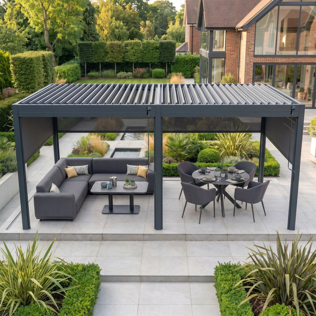PergoSTET Pro 3m x 6m Rectangular Pergola with 4 Manual Side Blinds and LED Lighting in Grey