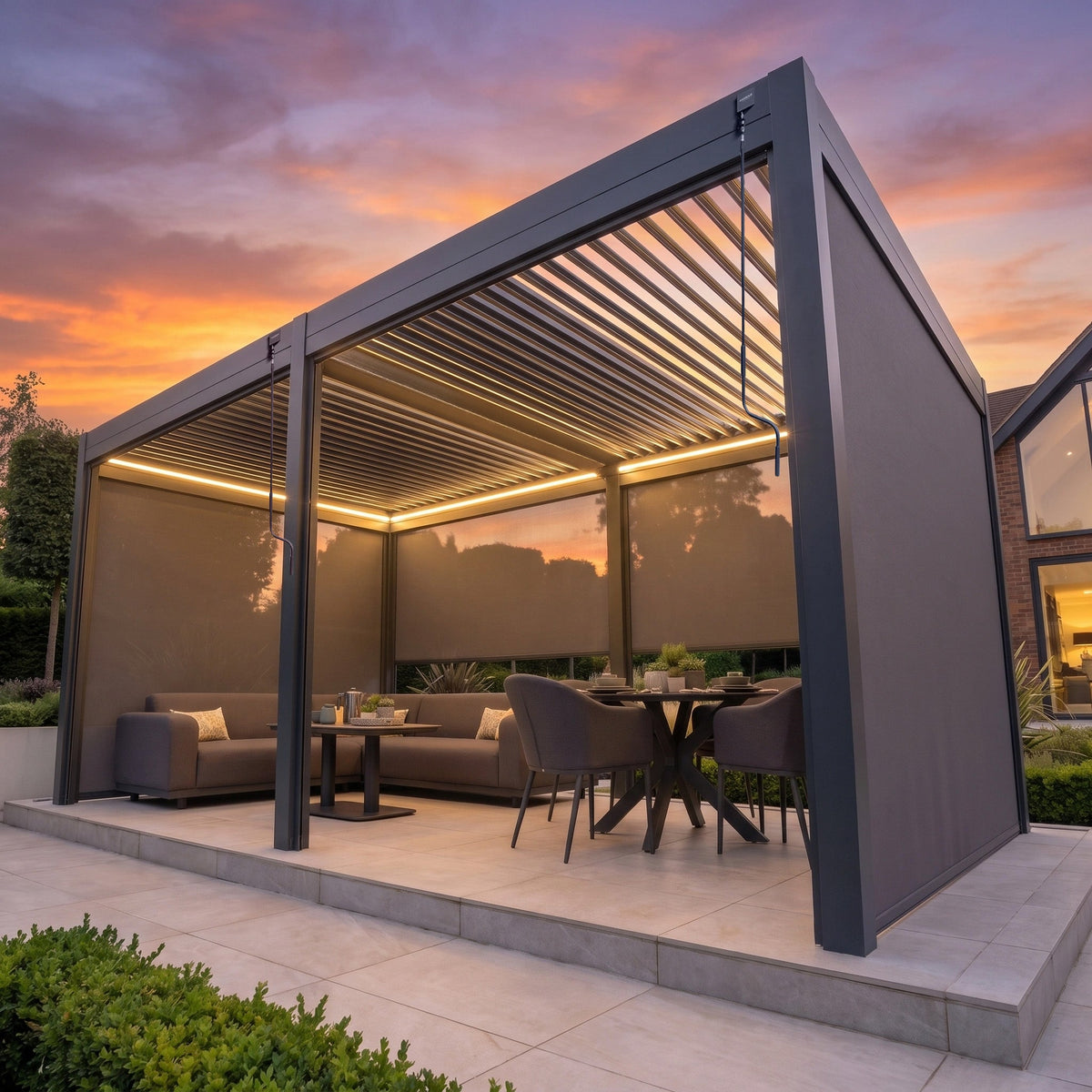 PergoSTET Pro 3m x 6m Rectangular Pergola with 4 Manual Side Blinds and LED Lighting in Grey