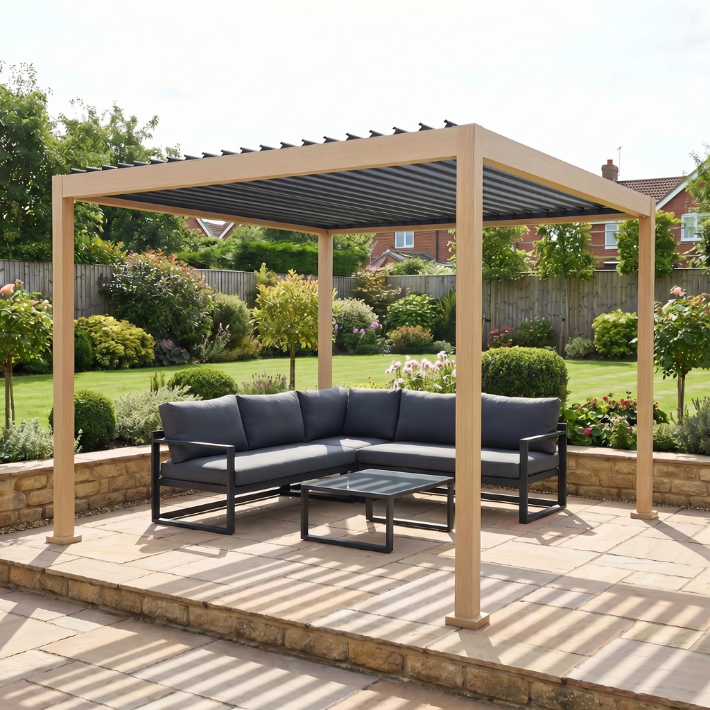 PergoSTET Lite 2.4m x 3m Metal Rectangular Pergola with Wood Effect