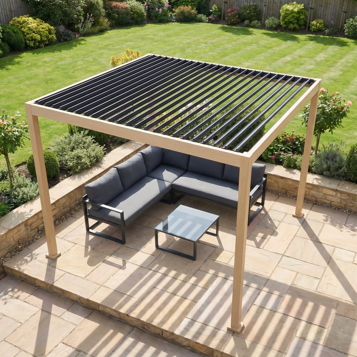 PergoSTET Lite 2.4m x 3m Metal Rectangular Pergola with Wood Effect