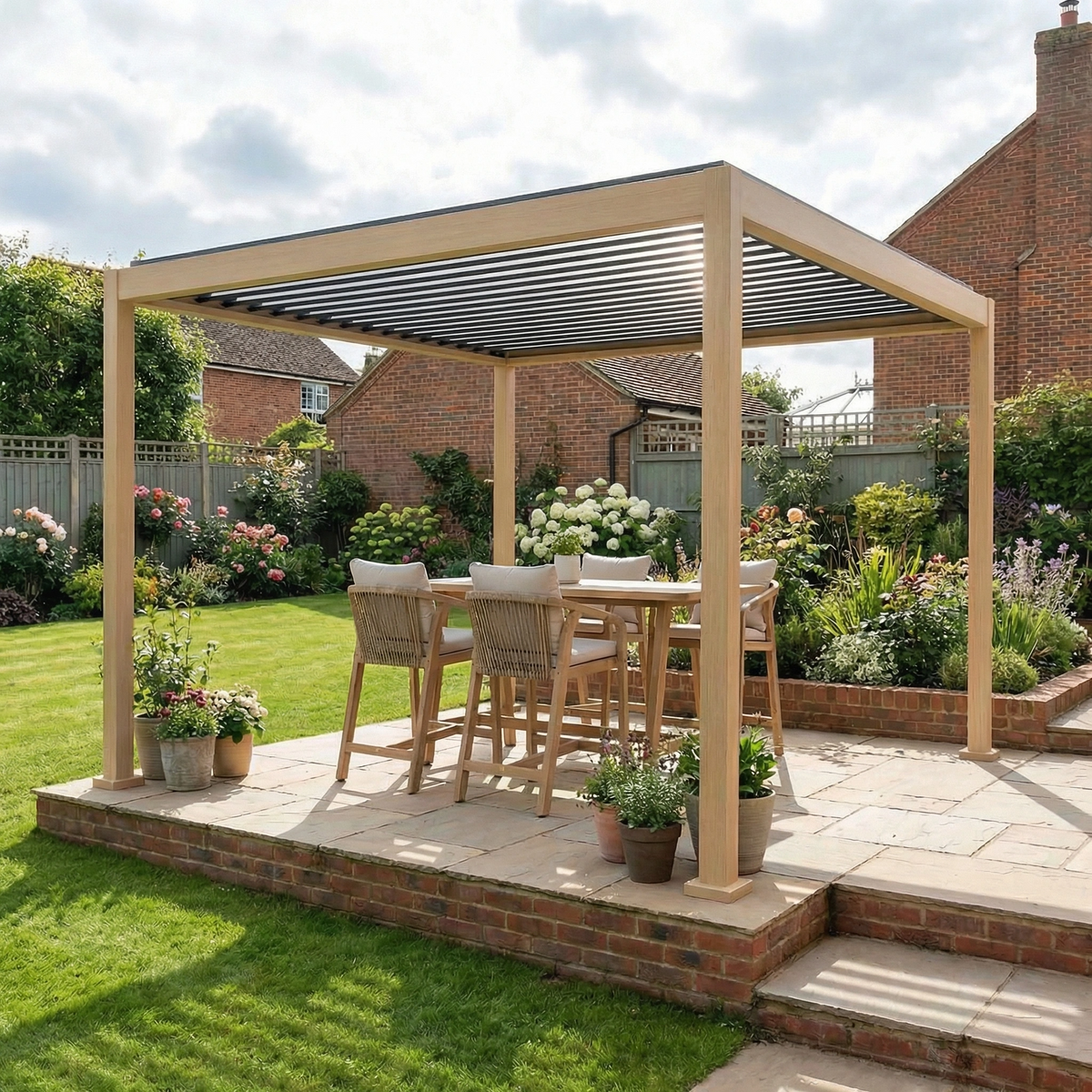 PergoSTET Lite 3m x 3m Metal Square Pergola with Wood Effect