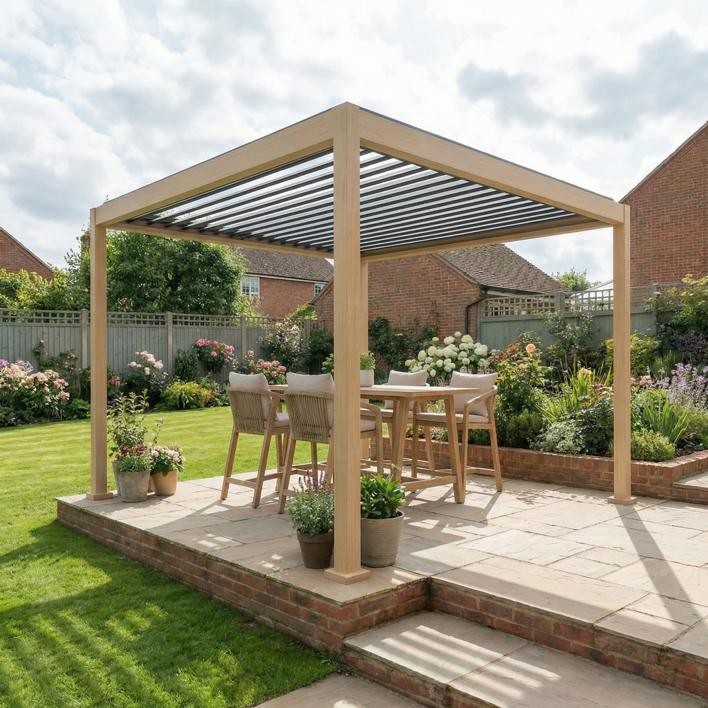 PergoSTET Lite 3m x 3m Metal Square Pergola with Wood Effect