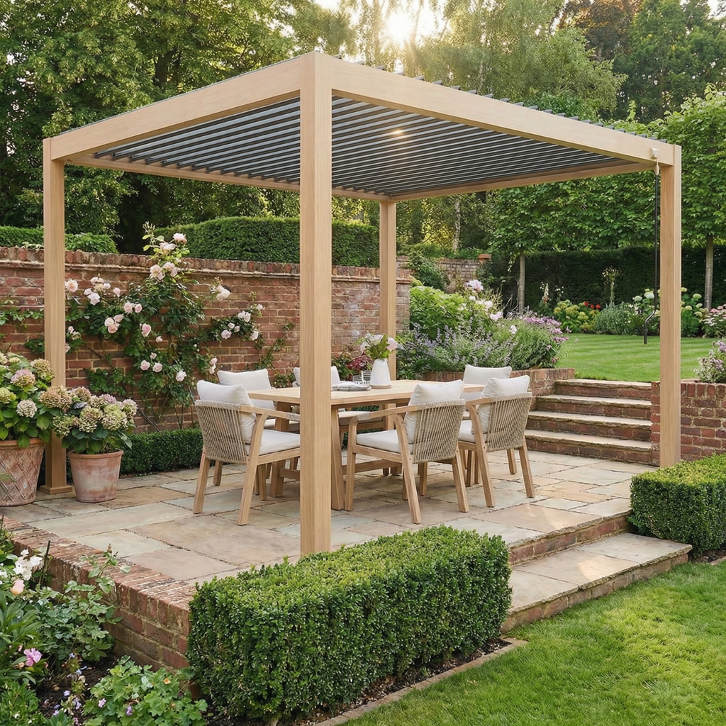 PergoSTET Lite 3m x 4m Metal Rectangular Pergola with Wood Effect