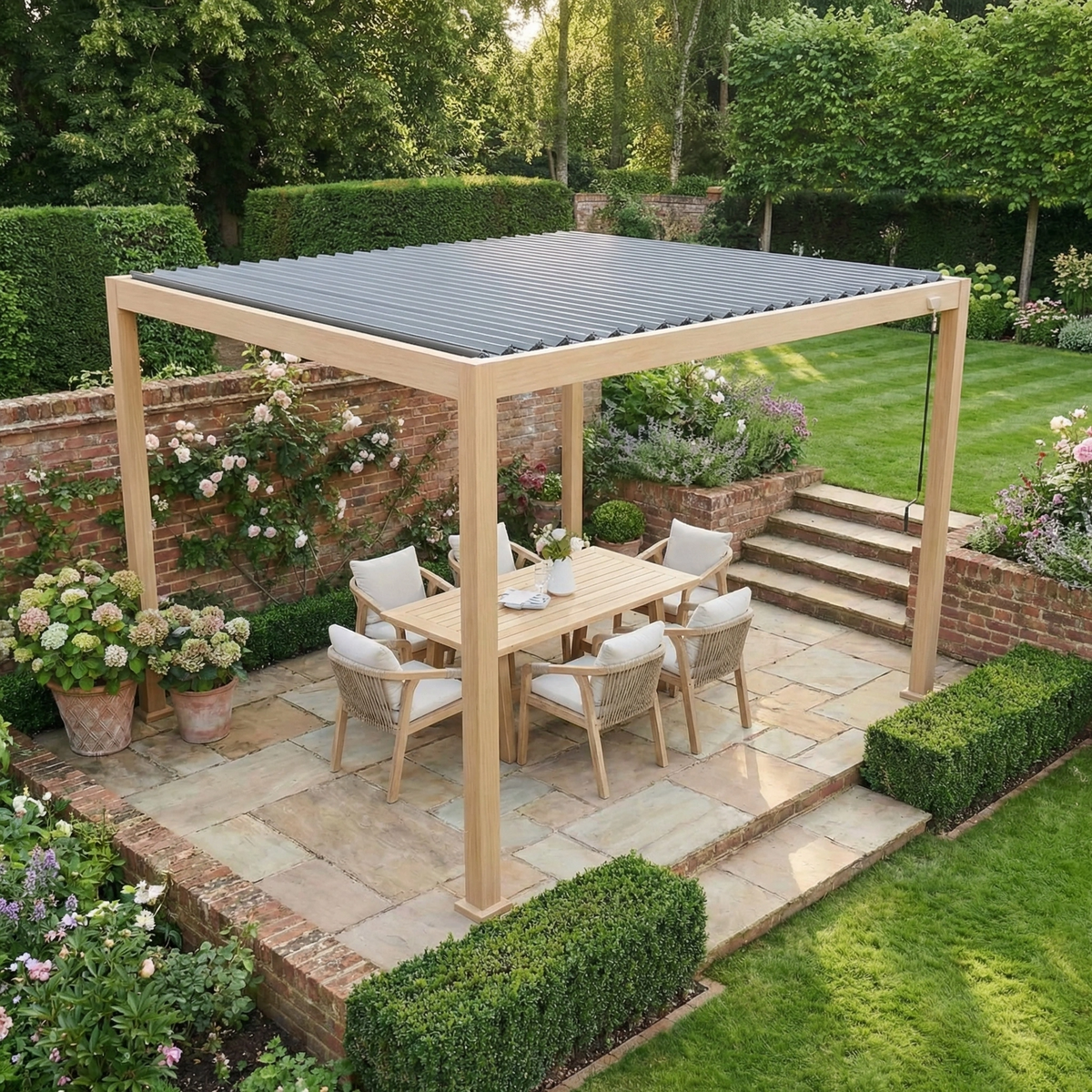 PergoSTET Lite 3m x 4m Metal Rectangular Pergola with Wood Effect