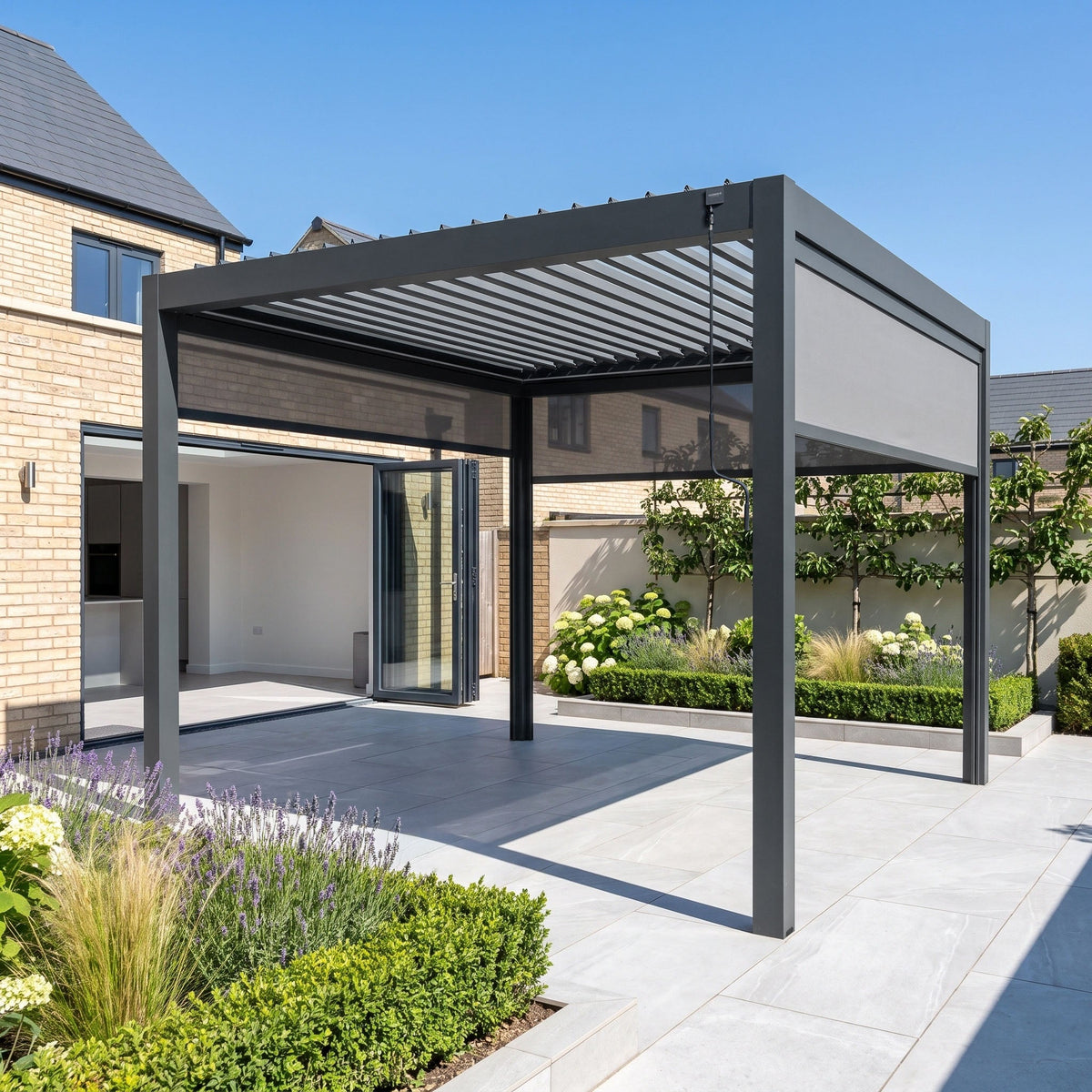 PergoSTET Pro 3m x 3m Square Pergola with 3 Manual Side Blinds and LED Lighting in Grey