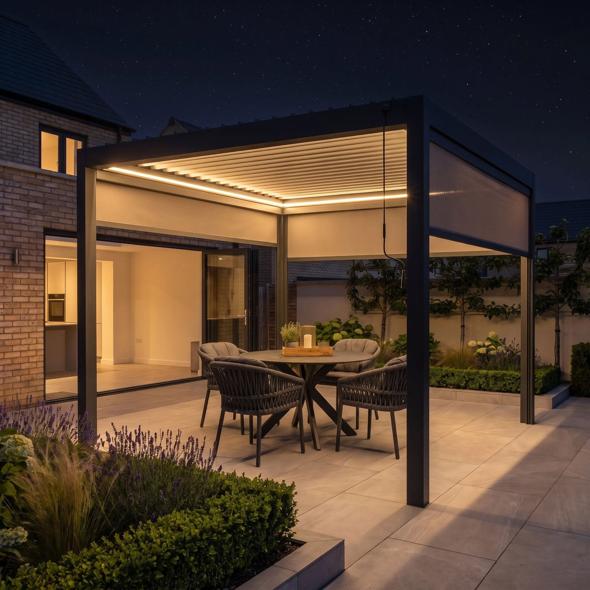 PergoSTET Pro 3m x 3m Square Pergola with 3 Manual Side Blinds and LED Lighting in Grey