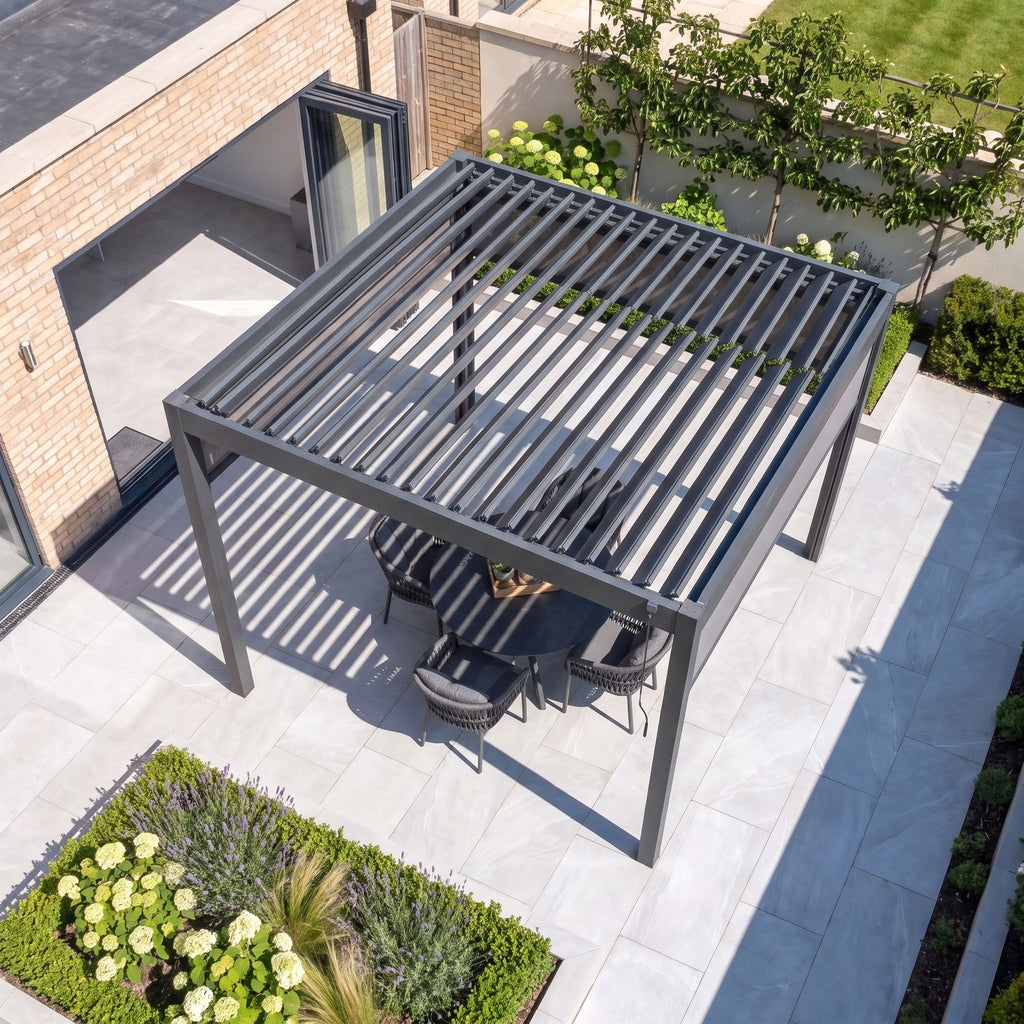 PergoSTET Pro 3m x 3m Square Pergola with 3 Manual Side Blinds and LED Lighting in Grey