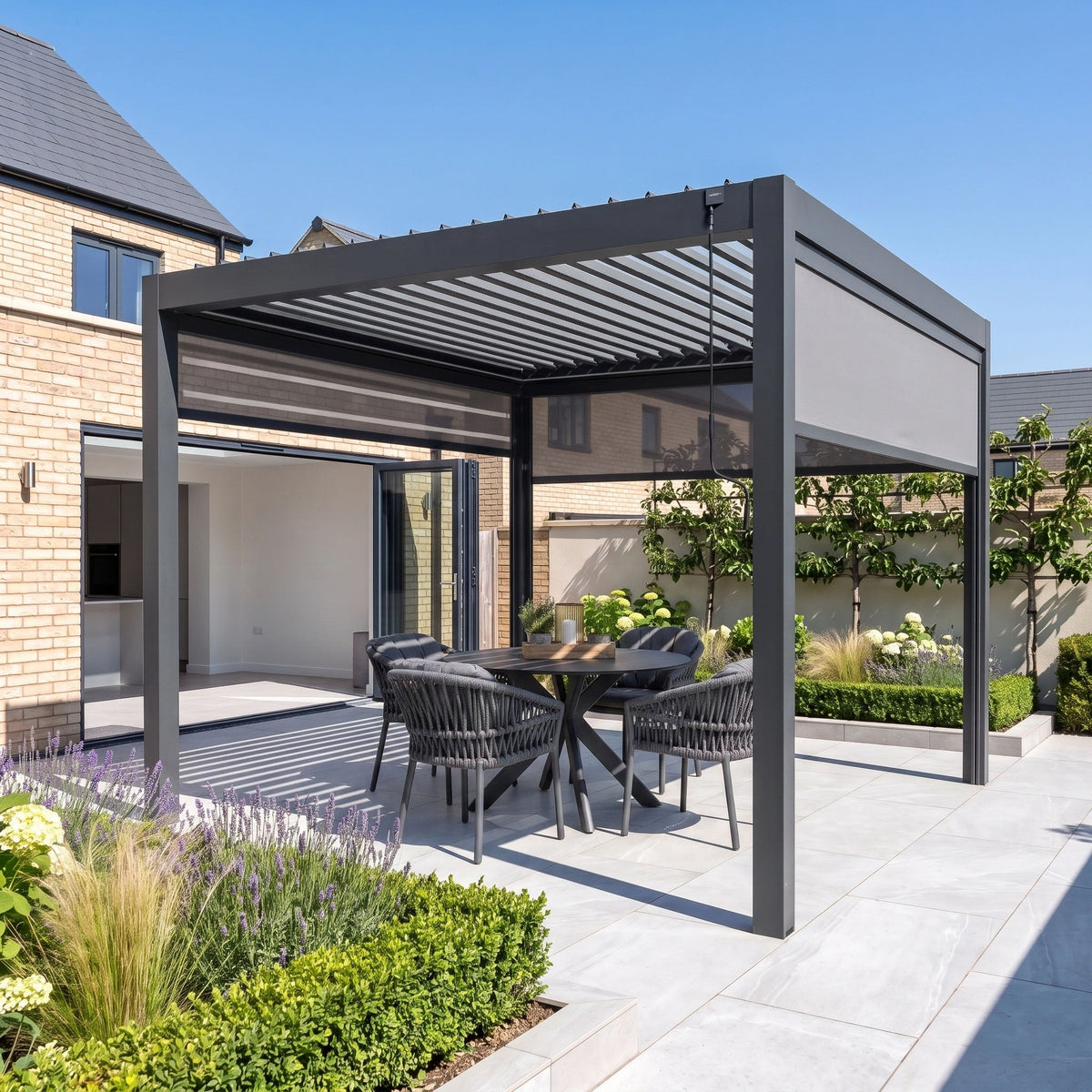 PergoSTET Pro 3m x 3m Square Pergola with 3 Manual Side Blinds and LED Lighting in Grey