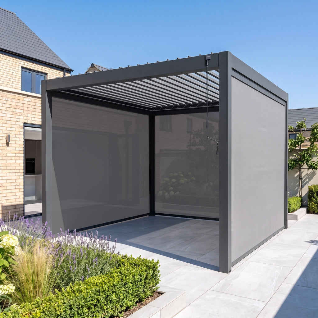 PergoSTET Pro 3m x 3m Square Pergola with 3 Manual Side Blinds and LED Lighting in Grey