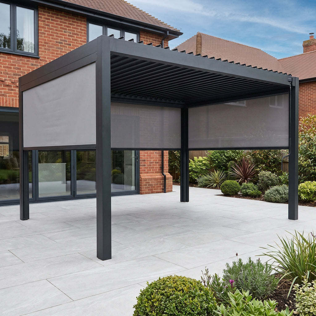 PergoSTET Pro 3m x 4m Rectangular Pergola with 3 Manual Side Blinds and LED Lighting in Grey