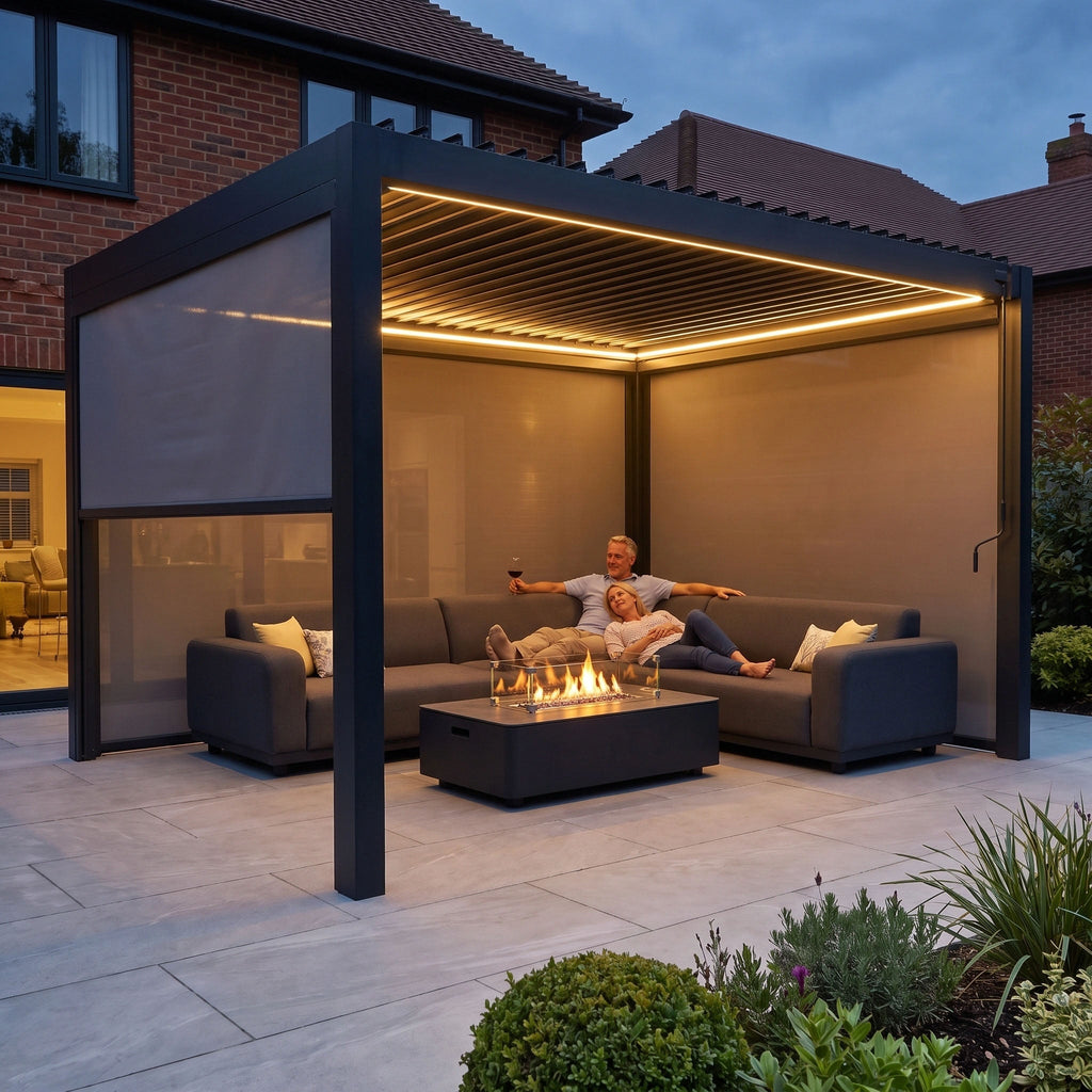 PergoSTET Pro 3m x 4m Rectangular Pergola with 3 Manual Side Blinds and LED Lighting in Grey
