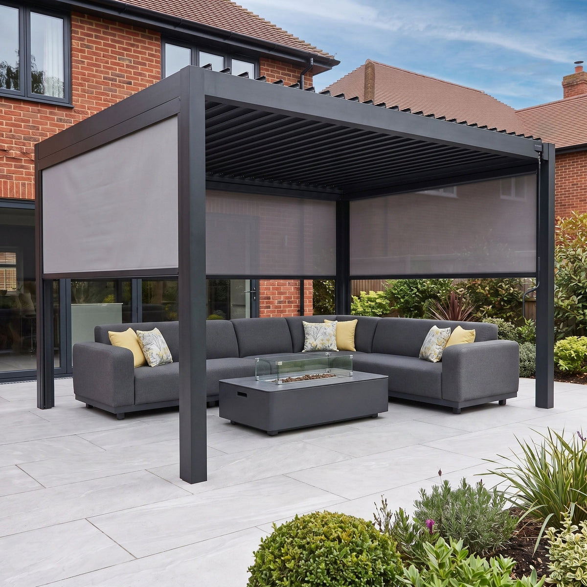 PergoSTET Pro 3m x 4m Rectangular Pergola with 3 Manual Side Blinds and LED Lighting in Grey