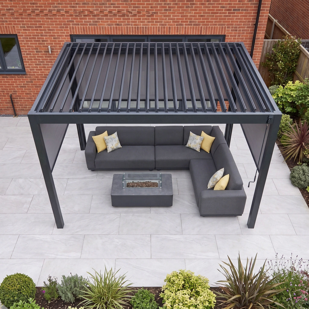 PergoSTET Pro 3m x 4m Rectangular Pergola with 3 Manual Side Blinds and LED Lighting in Grey