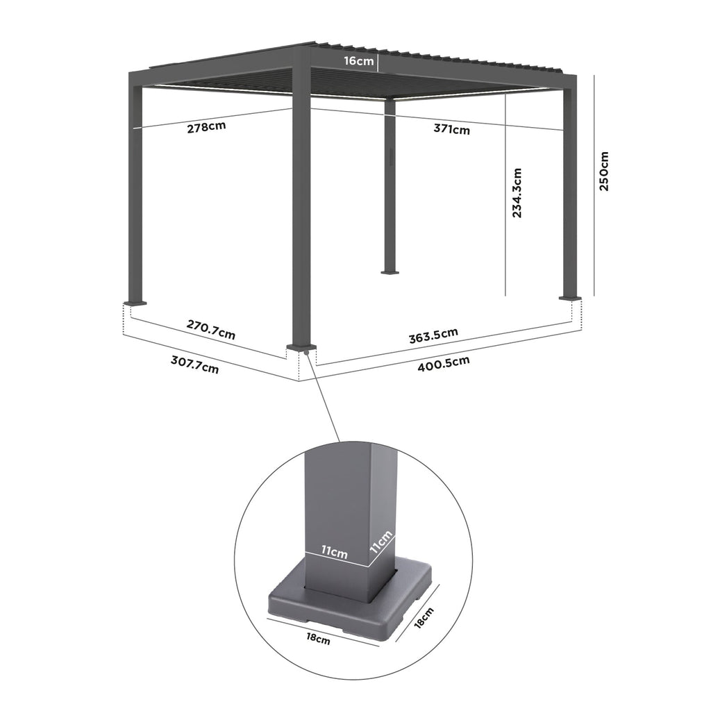 PergoSTET Lite Solar 3m x 4m Metal Rectangular Pergola With Motorised Louvres and LED Lighting in Grey