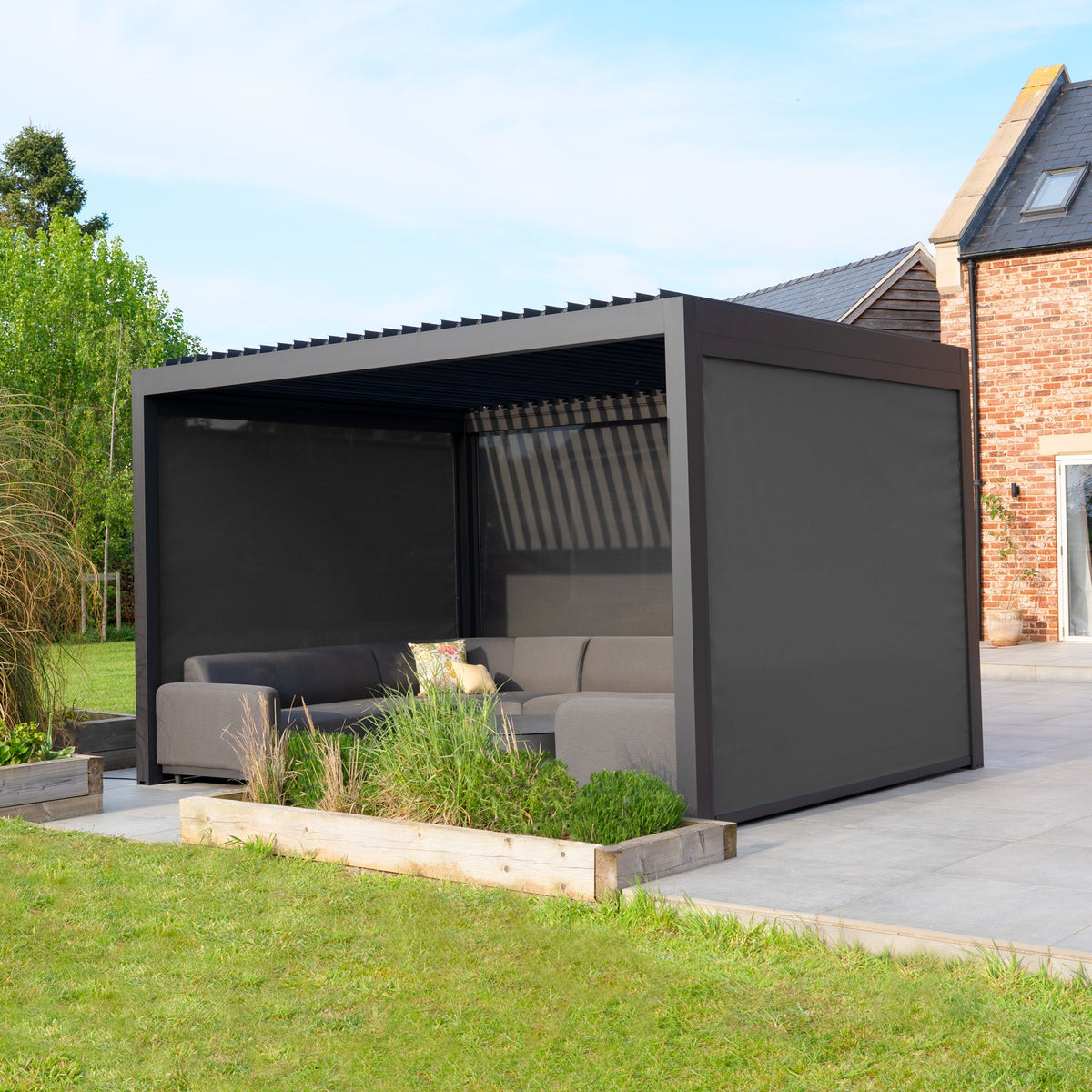PergoSTET Deluxe 3m x 4m Rectangular Pergola with Motorised LED Louvres and 3 Manual Side Blinds in Grey