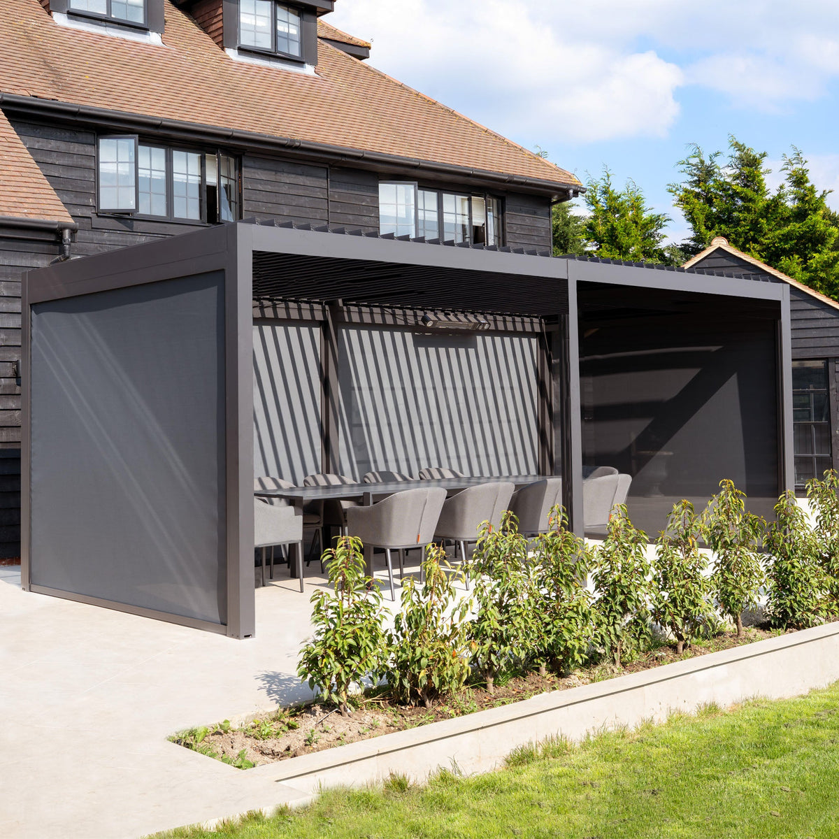 PergoSTET Deluxe 3m x 6m Rectangular Pergola with Motorised LED Louvres and 4 Manual Side Blinds in Grey