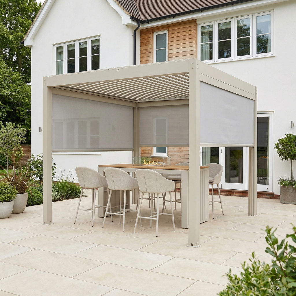 PergoSTET Plus 3m x 3m Square Pergola with 3 Manual Side Blinds and LED Lighting in Latte