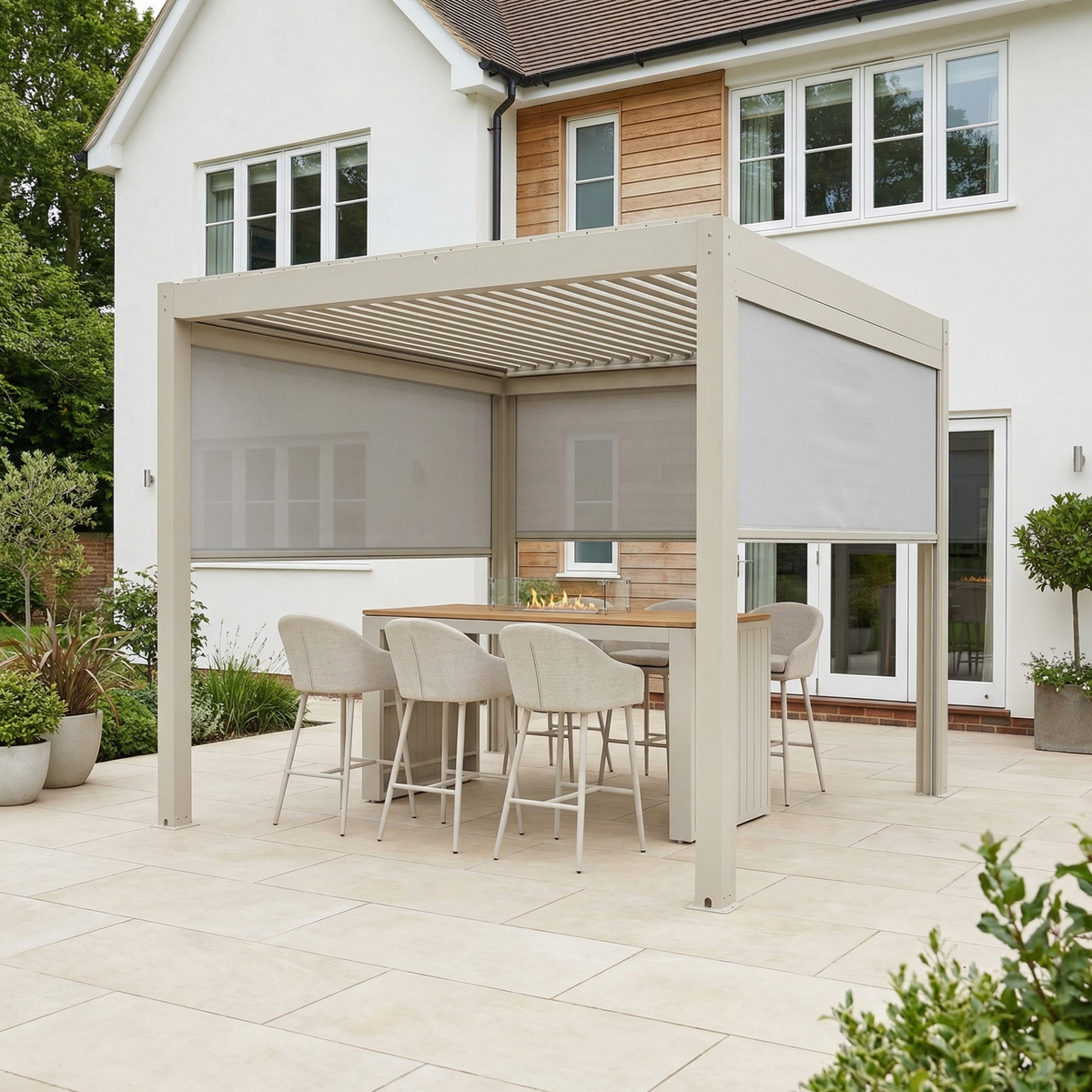 PergoSTET Plus 3m x 3m Square Pergola with 3 Manual Side Blinds and LED Lighting in Latte