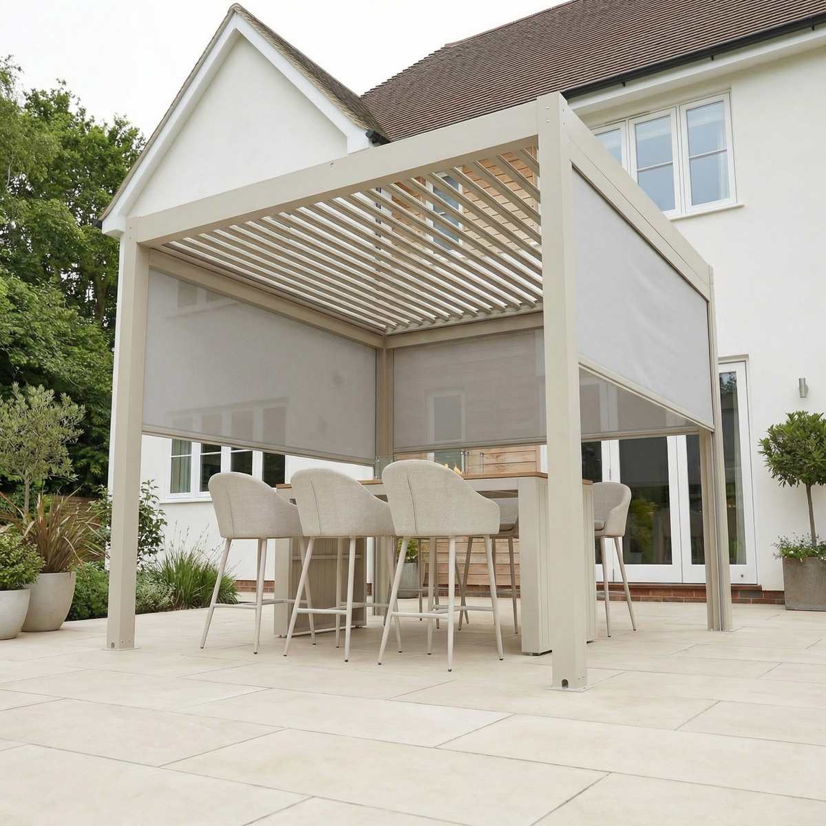 PergoSTET Plus 3m x 3m Square Pergola with 3 Manual Side Blinds and LED Lighting in Latte