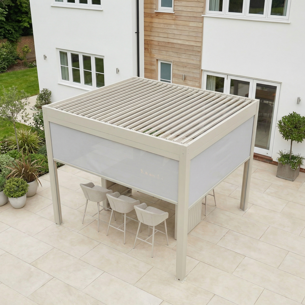 PergoSTET Plus 3m x 3m Square Pergola with 3 Manual Side Blinds and LED Lighting in Latte