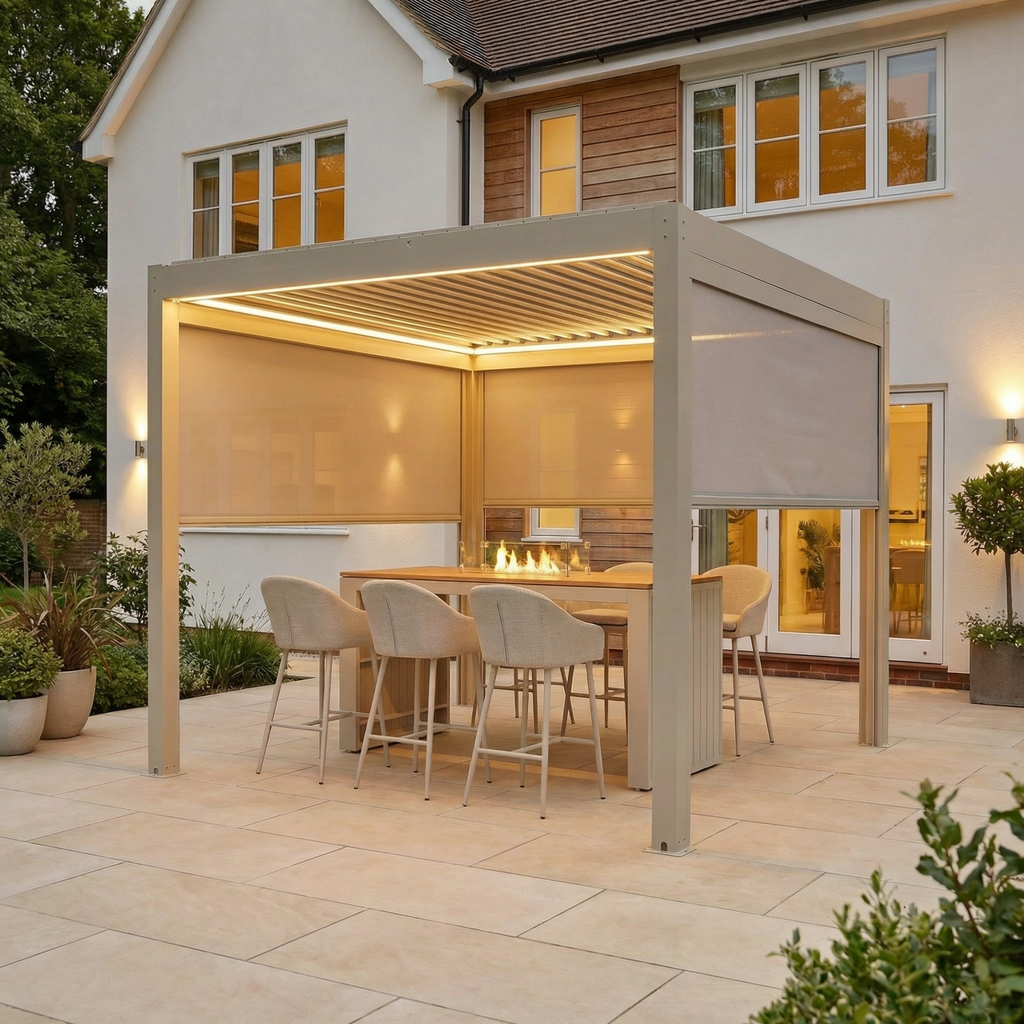 PergoSTET Plus 3m x 3m Square Pergola with 3 Manual Side Blinds and LED Lighting in Latte