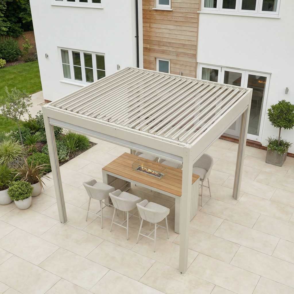 PergoSTET Plus 3m x 3m Square Pergola with 3 Manual Side Blinds and LED Lighting in Latte