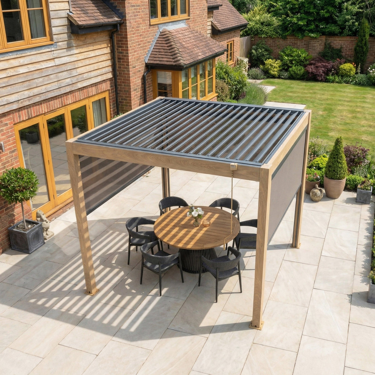 PergoSTET Plus 3m x 3m Square Pergola with 3 Manual Side Blinds and LED Lighting in Wood Effect