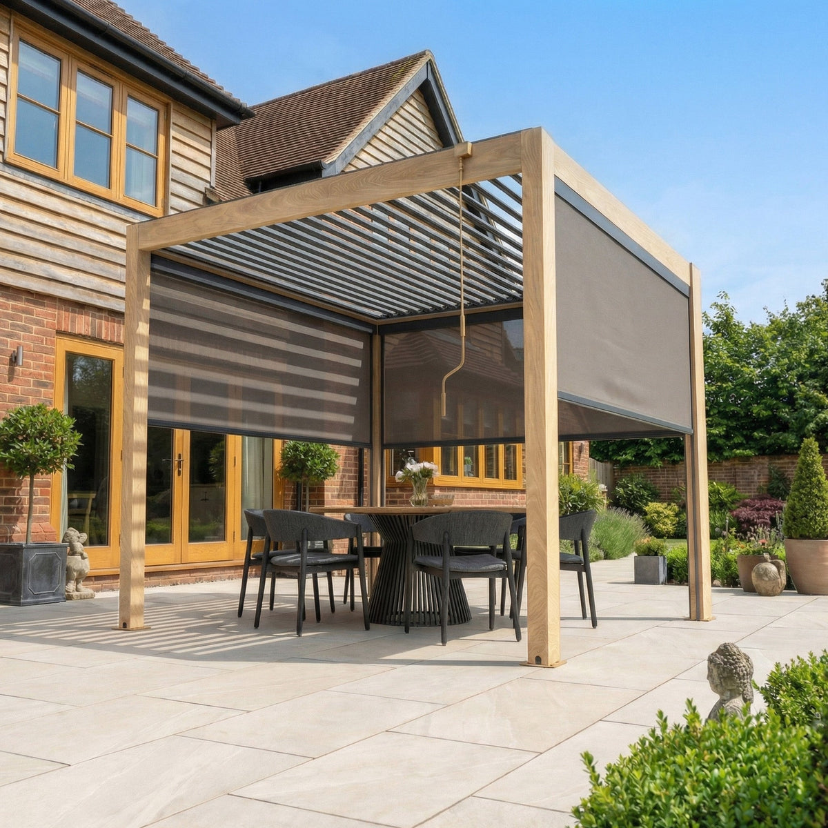 PergoSTET Plus 3m x 3m Square Pergola with 3 Manual Side Blinds and LED Lighting in Wood Effect
