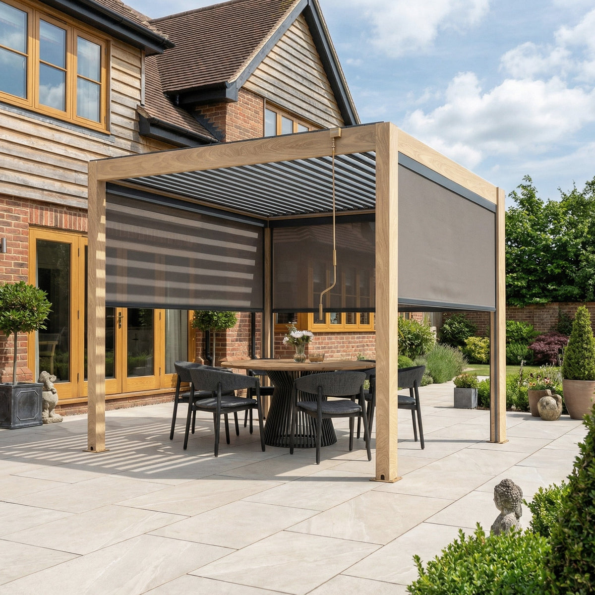 PergoSTET Plus 3m x 3m Square Pergola with 3 Manual Side Blinds and LED Lighting in Wood Effect