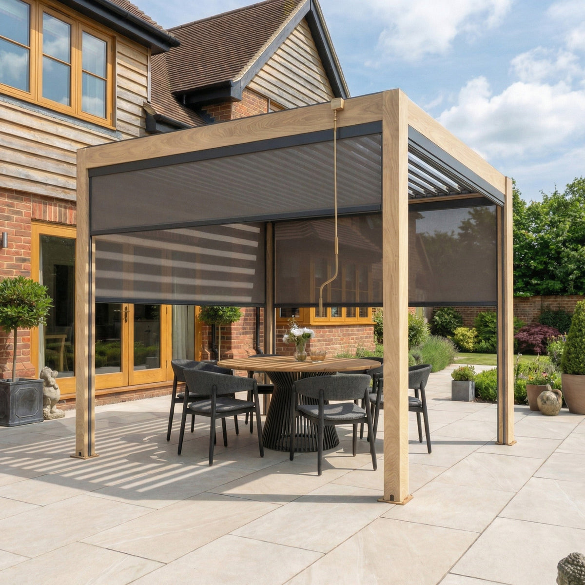 PergoSTET Plus 3m x 3m Square Pergola with 3 Manual Side Blinds and LED Lighting in Wood Effect
