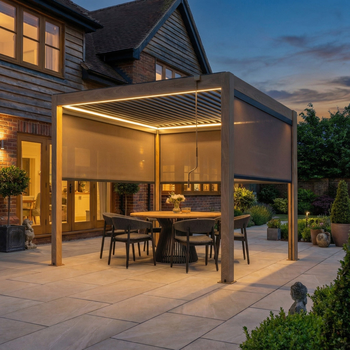 PergoSTET Plus 3m x 3m Square Pergola with 3 Manual Side Blinds and LED Lighting in Wood Effect