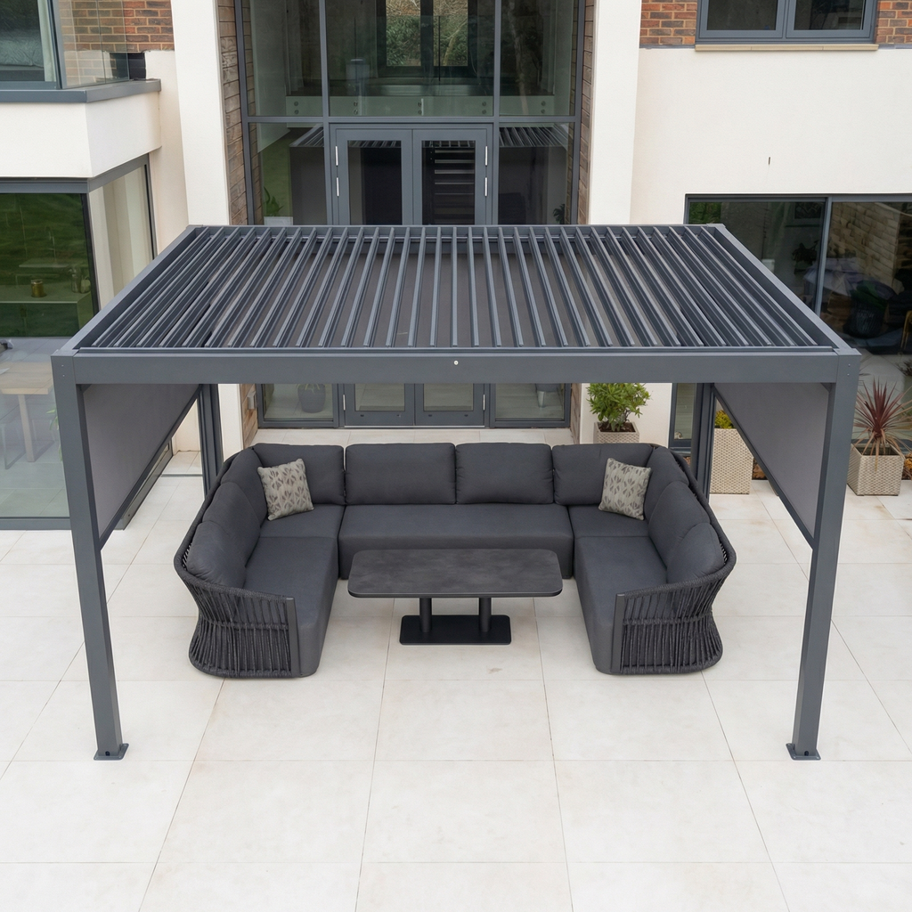 PergoSTET Plus 3m x 4m Rectangular Pergola with 3 Manual Side Blinds and LED Lighting in Grey