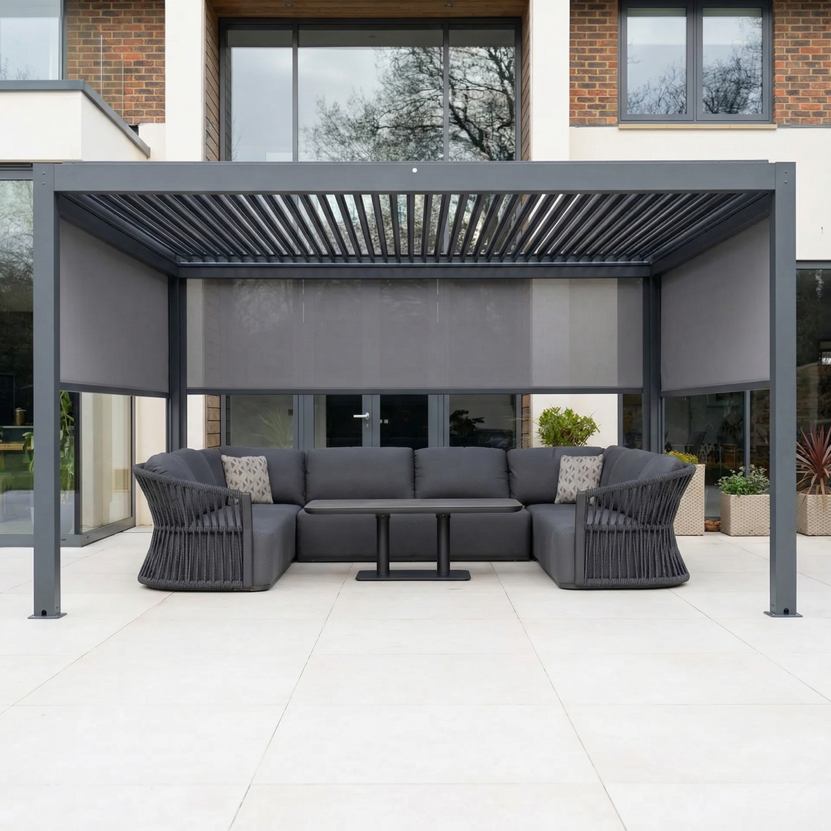 PergoSTET Plus 3m x 4m Rectangular Pergola with 3 Manual Side Blinds and LED Lighting in Grey
