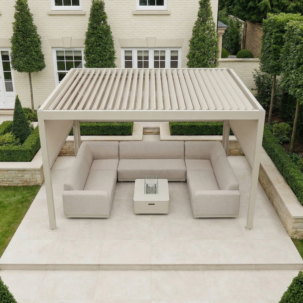 PergoSTET Plus 3m x 4m Rectangular Pergola with 3 Manual Side Blinds and LED Lighting in Latte