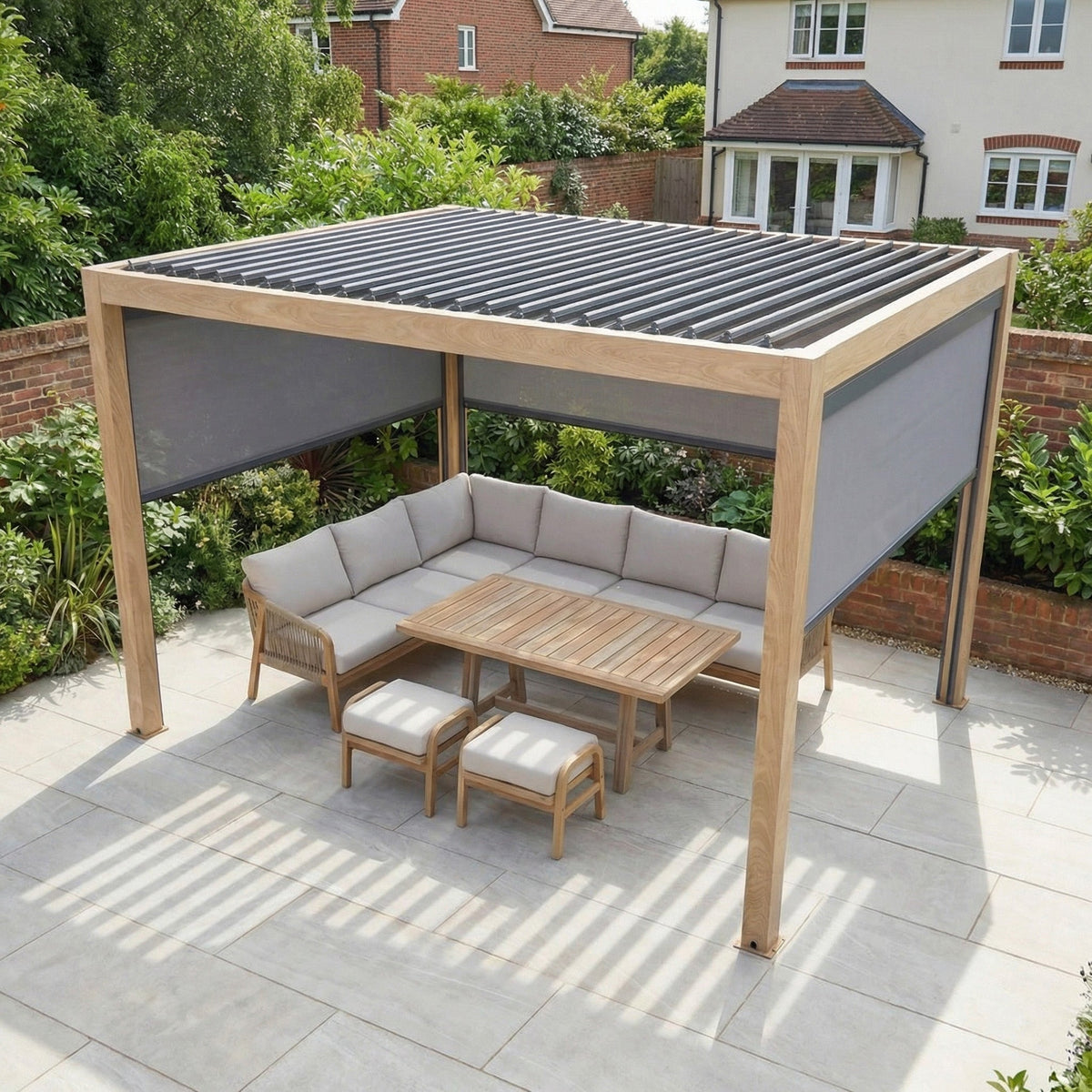 PergoSTET Plus 3m x 4m Rectangular Pergola with 3 Manual Side Blinds and LED Lighting in Wood Effect