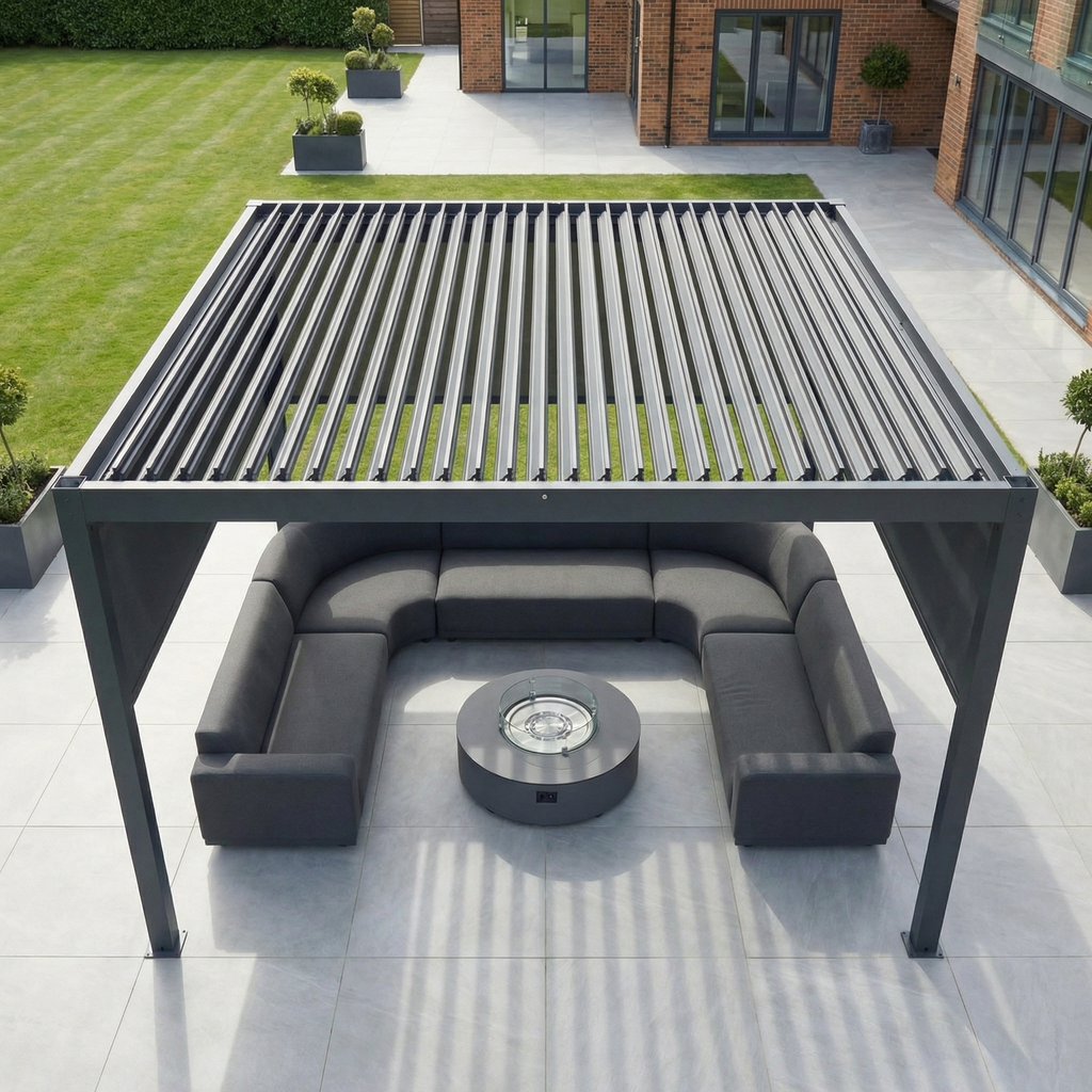 PergoSTET Plus 4m x 4m Square Pergola with 3 Manual Side Blinds and LED Lighting in Grey
