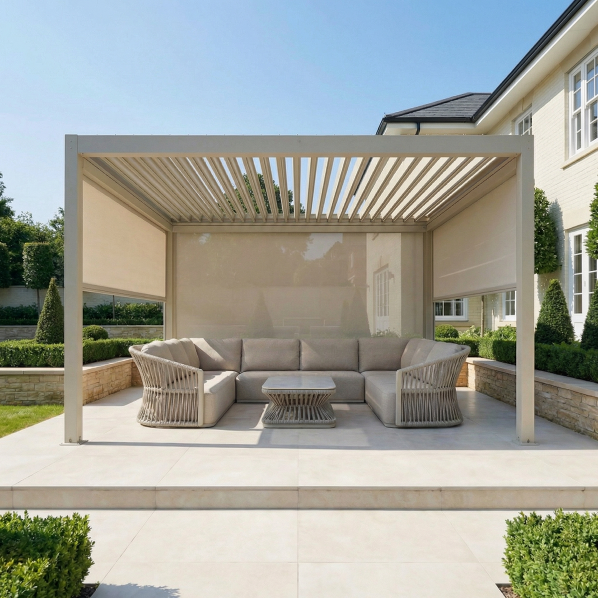 PergoSTET Plus 4m x 4m Square Pergola with 3 Manual Side Blinds and LED Lighting in Latte