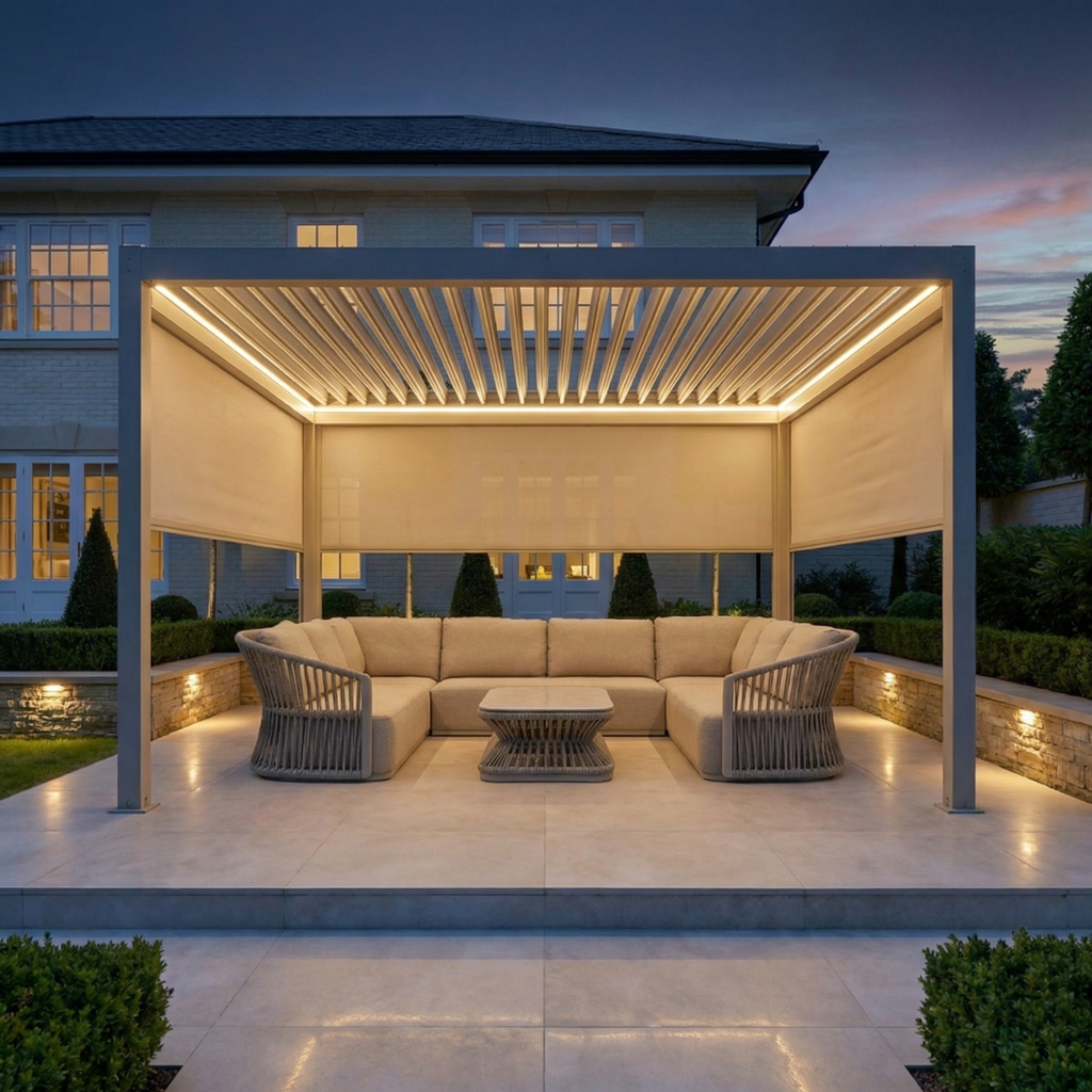 PergoSTET Plus 4m x 4m Square Pergola with 3 Manual Side Blinds and LED Lighting in Latte
