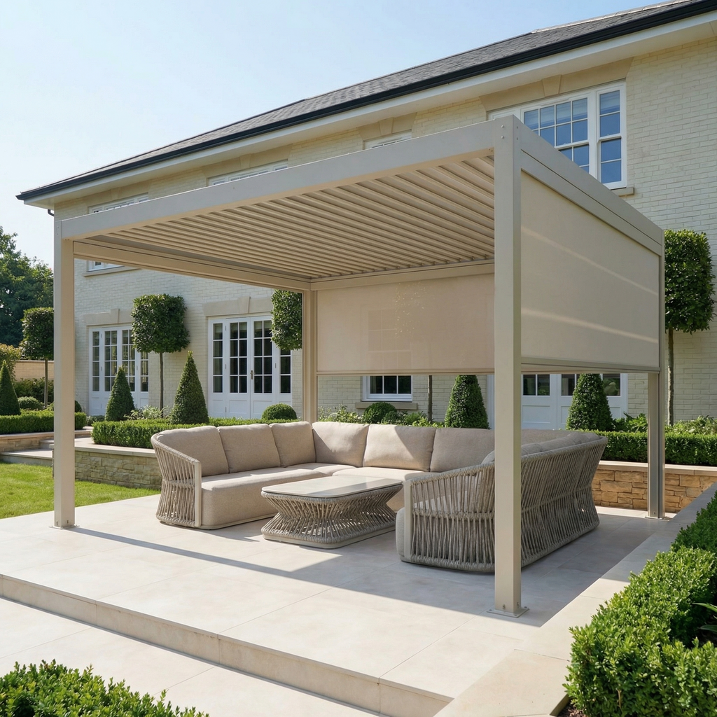 PergoSTET Plus 4m x 4m Square Pergola with 3 Manual Side Blinds and LED Lighting in Latte