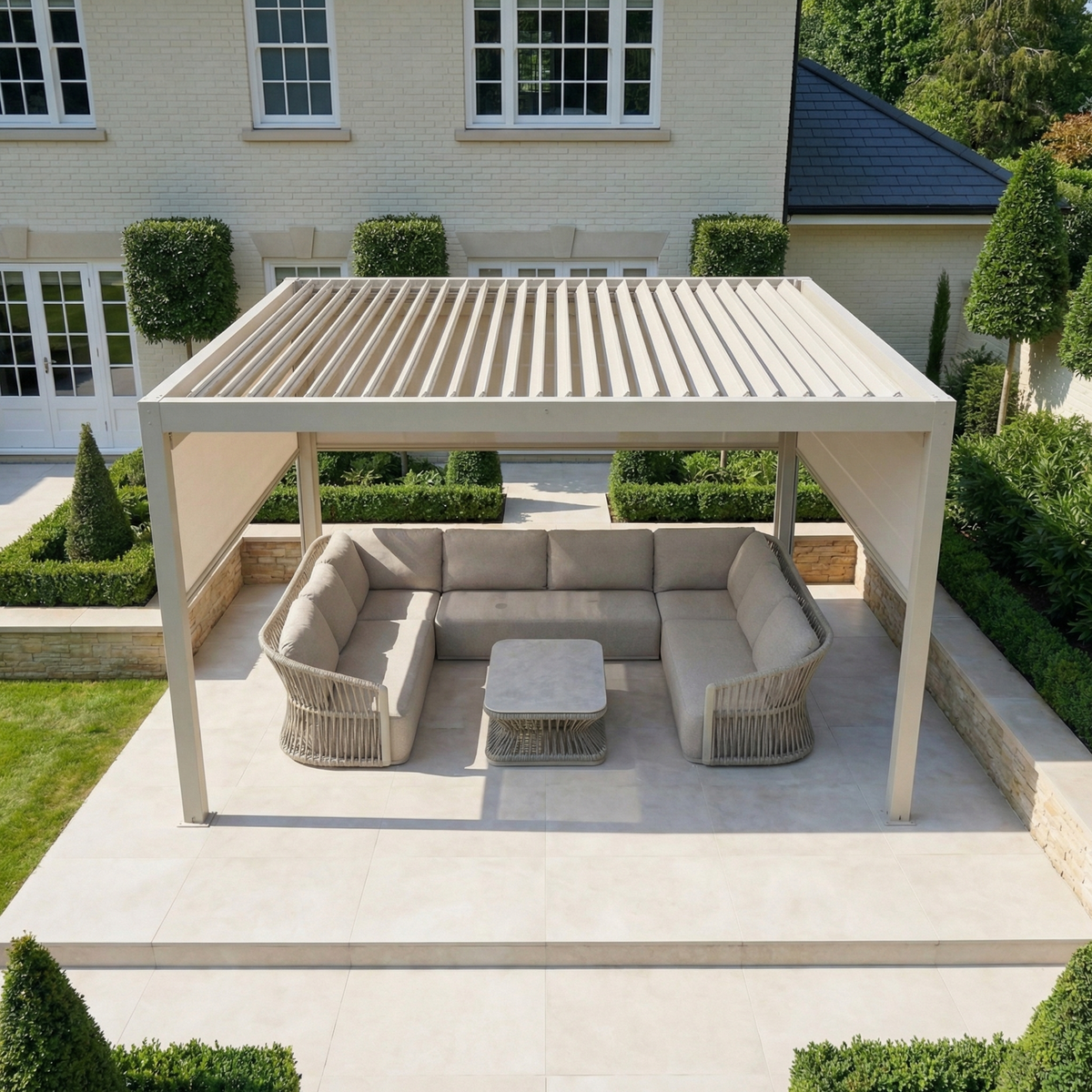 PergoSTET Plus 4m x 4m Square Pergola with 3 Manual Side Blinds and LED Lighting in Latte
