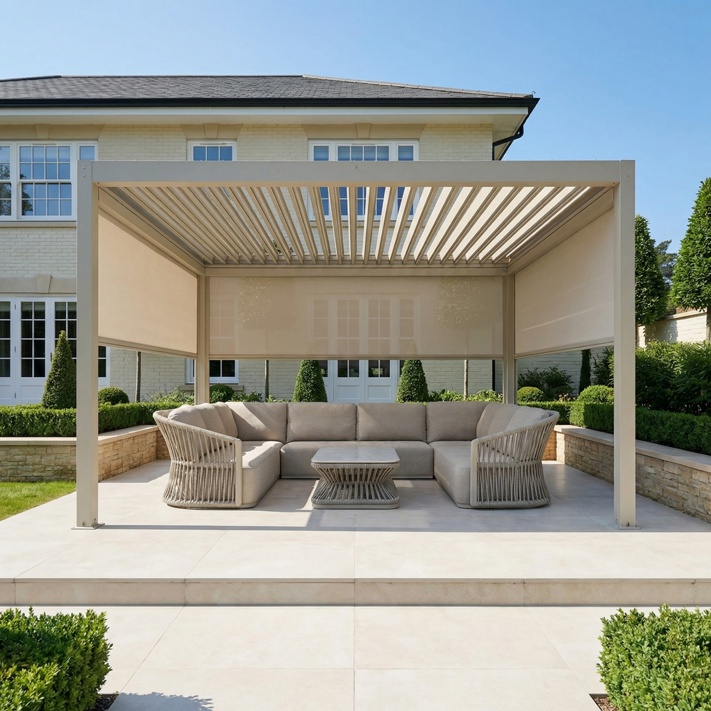 PergoSTET Plus 4m x 4m Square Pergola with 3 Manual Side Blinds and LED Lighting in Latte