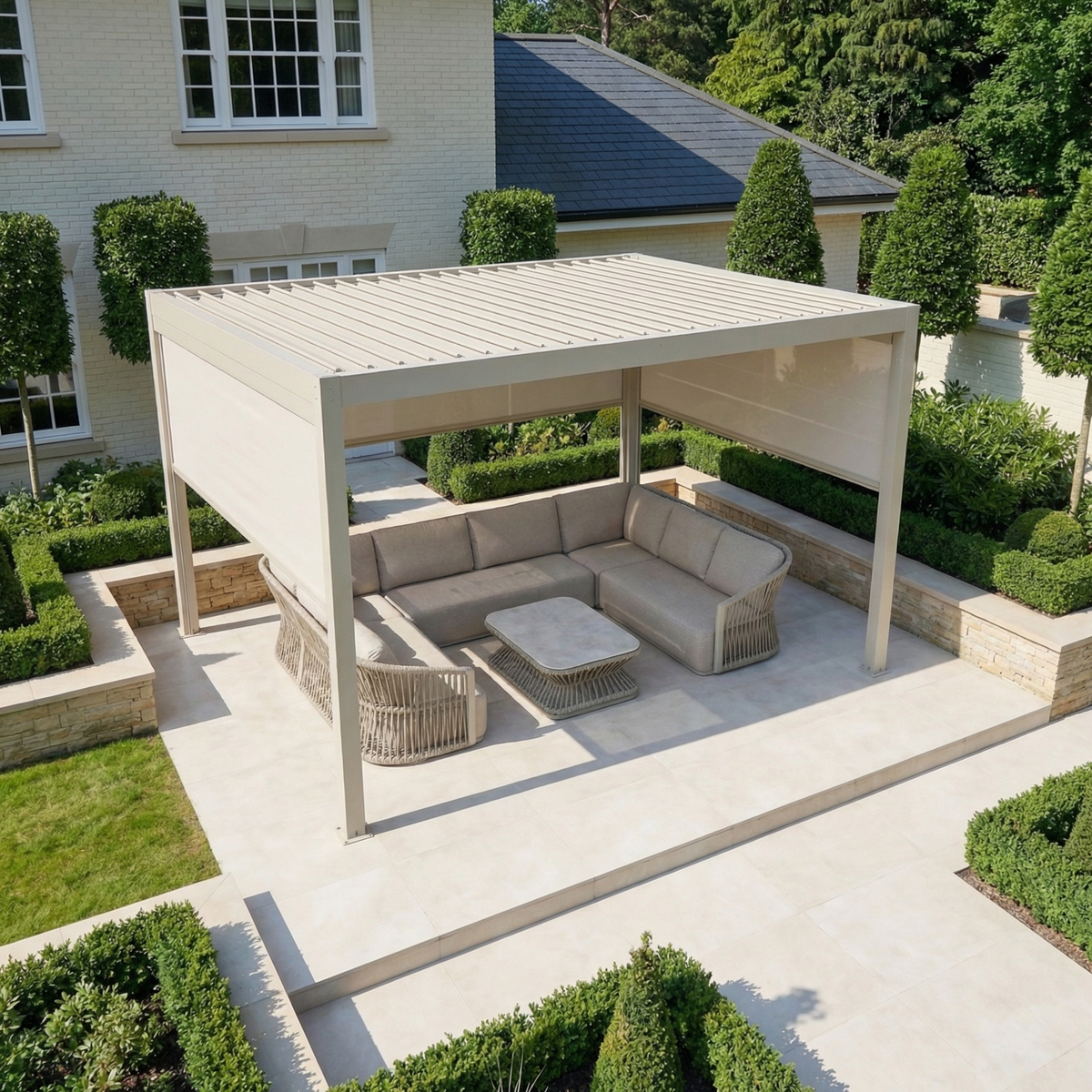 PergoSTET Plus 4m x 4m Square Pergola with 3 Manual Side Blinds and LED Lighting in Latte