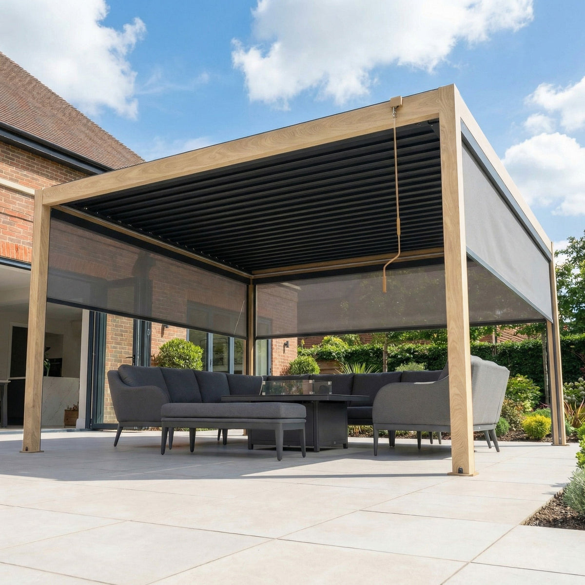 PergoSTET Plus 4m x 4m Square Pergola with 3 Manual Side Blinds and LED Lighting in Wood Effect
