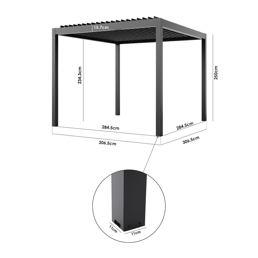 PergoSTET Pro Frame Only 3m x 3m Square Pergola with LED Lighting in Grey