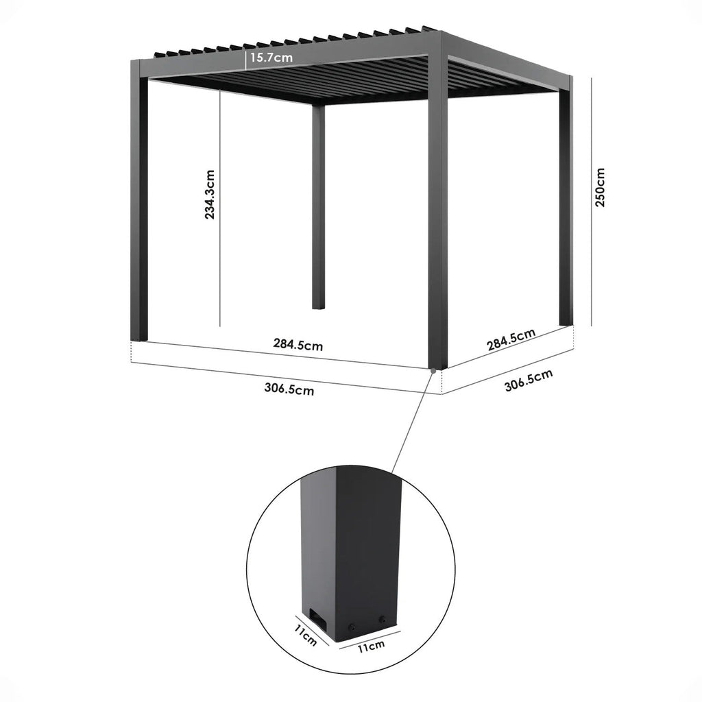 PergoSTET Deluxe 3m x 3m Square Pergola with Motorised LED Louvres and 3 Manual Side Blinds in Grey