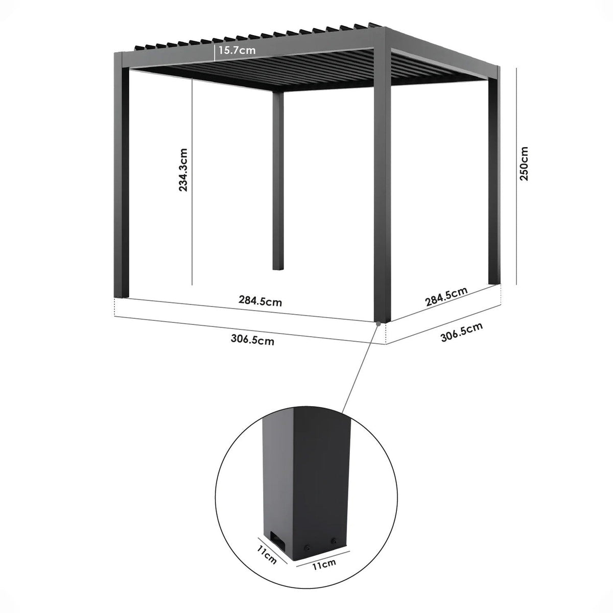 PergoSTET Deluxe 3m x 3m Square Pergola with Motorised LED Louvres and 3 Manual Side Blinds in Grey