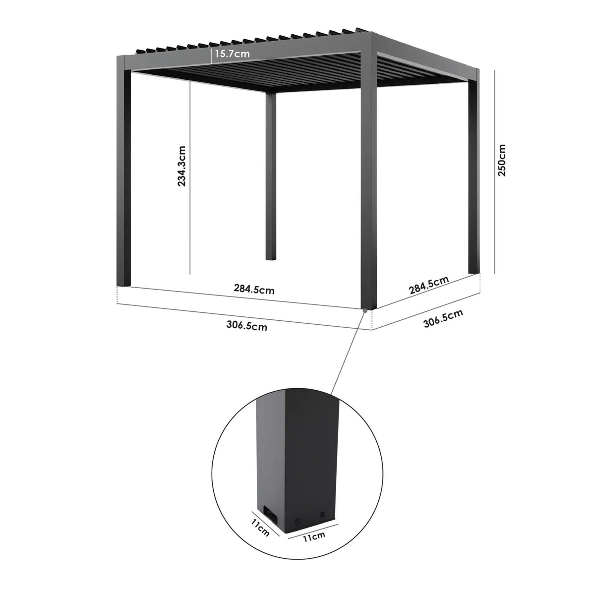 PergoSTET Deluxe Frame Only 3m x 3m Square Pergola with Motorised LED Louvres in Grey