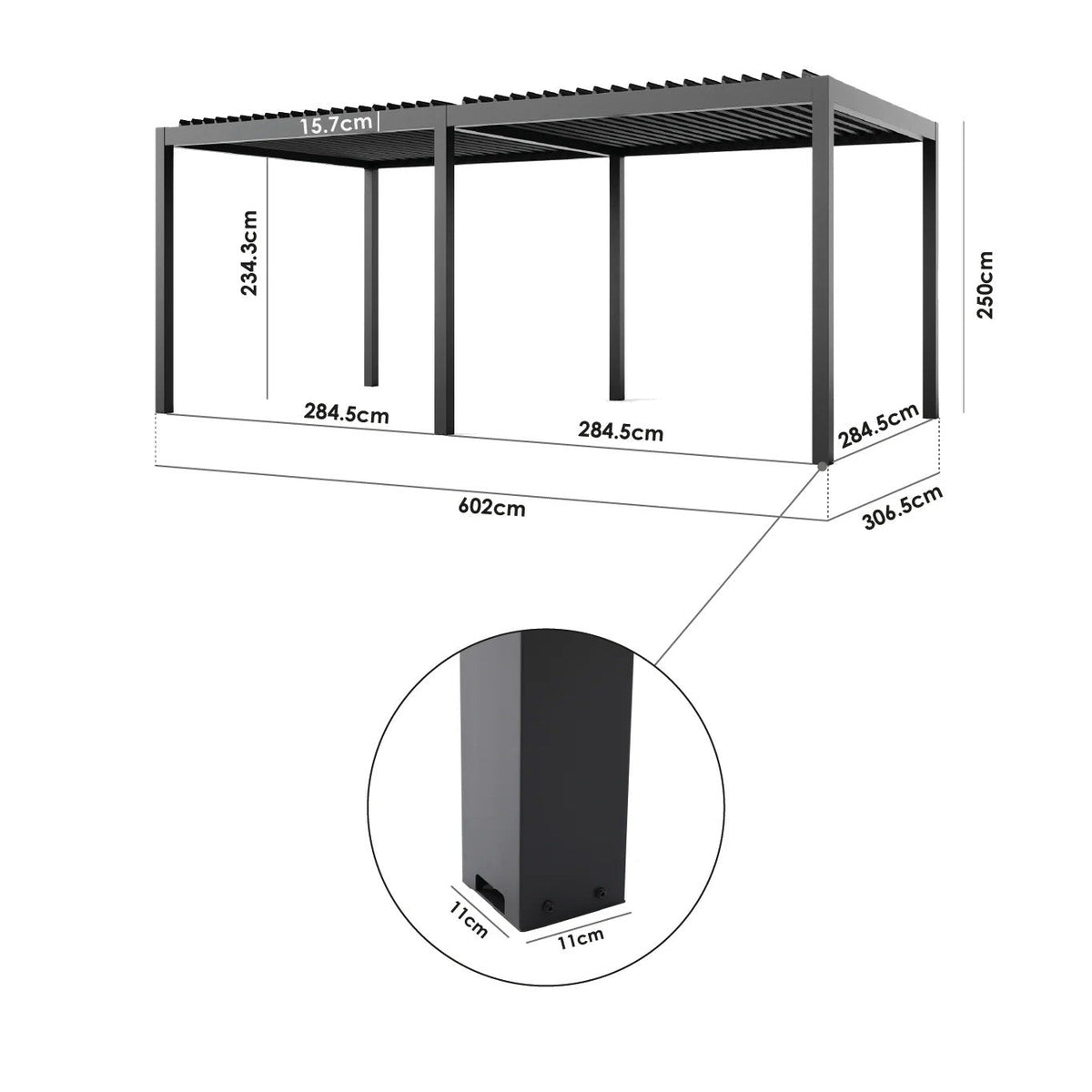 PergoSTET Deluxe 3m x 6m Rectangular Pergola with Motorised LED Louvres and 4 Manual Side Blinds in Grey